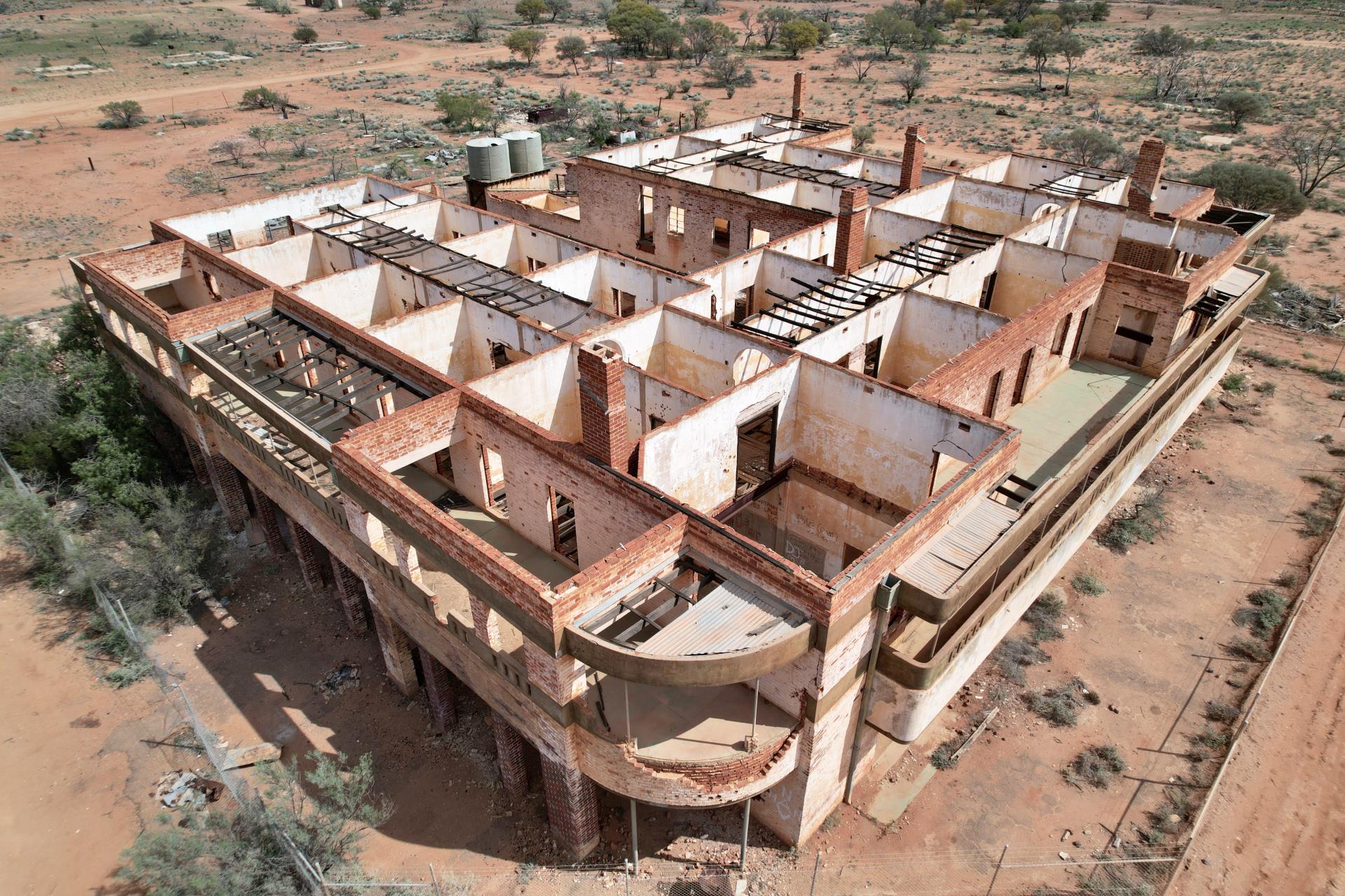 Aerial view of the Big Bell Hotel ruins near Cue Western Australia