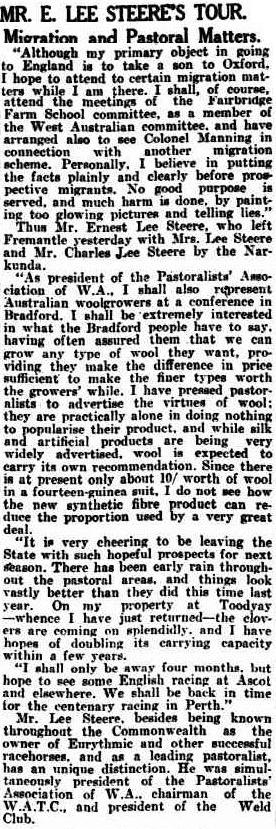 Newspaper report on Ernest Lee Steere overseas tour and pastoral matters