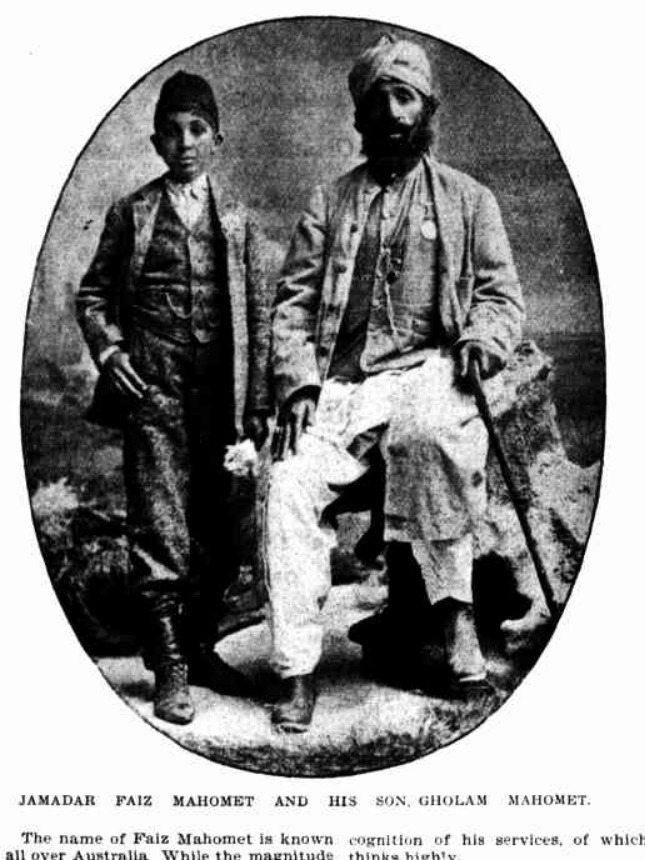Jamadar Faiz Mahomet with his son Gholam Mahomet in a historical newspaper portrait