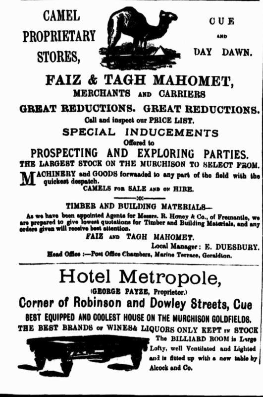 Historic advertisement for Faiz and Tagh Mahomet Camel Proprietary Stores at Cue and Day Dawn