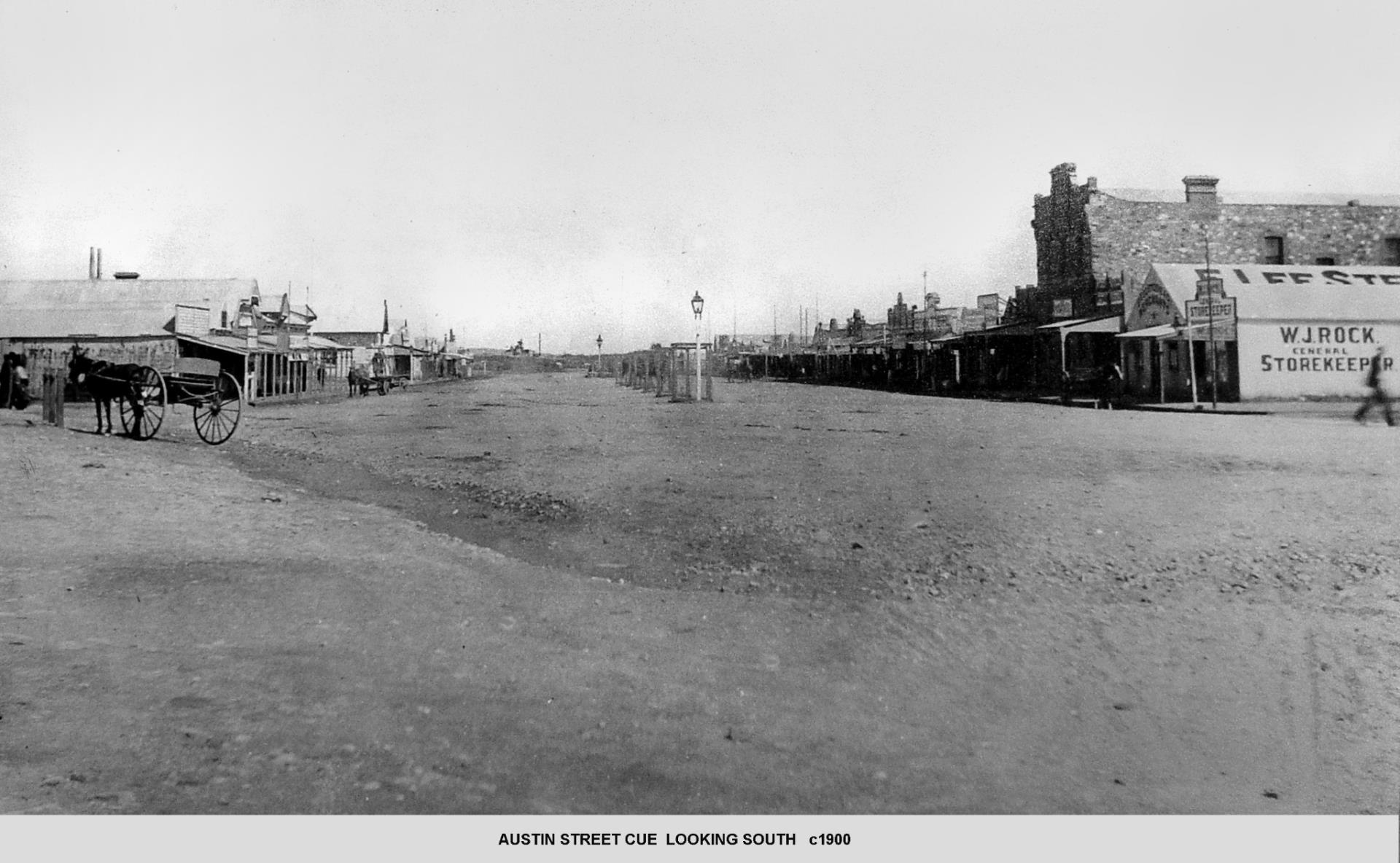 Austin Street Cue looking south around 1900 with W J Rock General Storekeeper visible