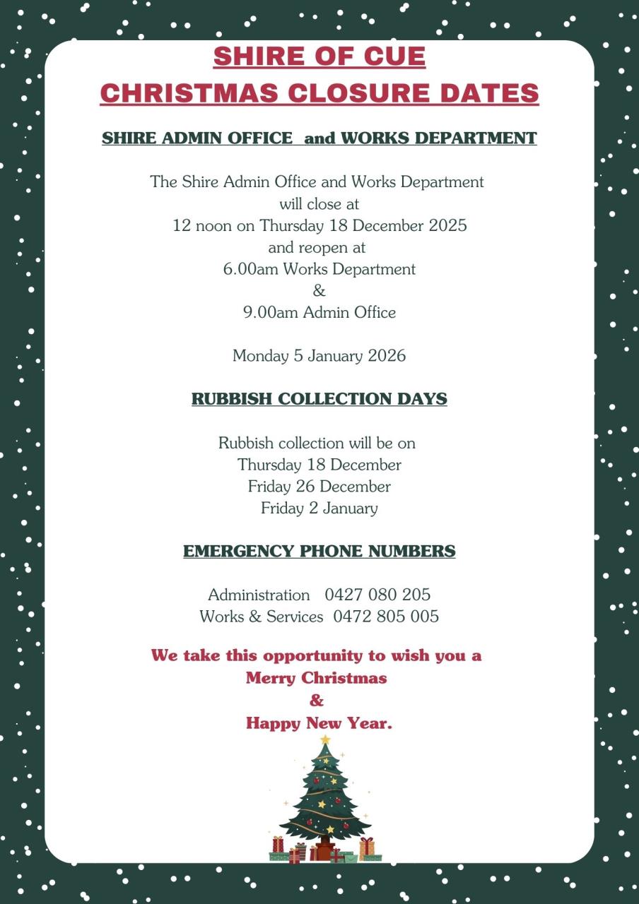 Shire of Cue Christmas Closures